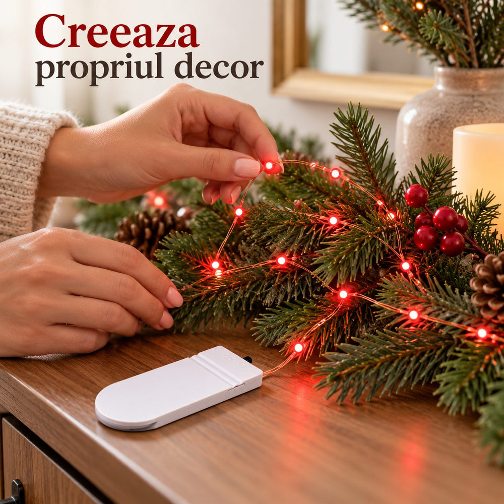 Instalatie Craciun, 3 metri, 30 LED-uri, Rosu, cu baterii, fir cupru, liniar, interior/exterior