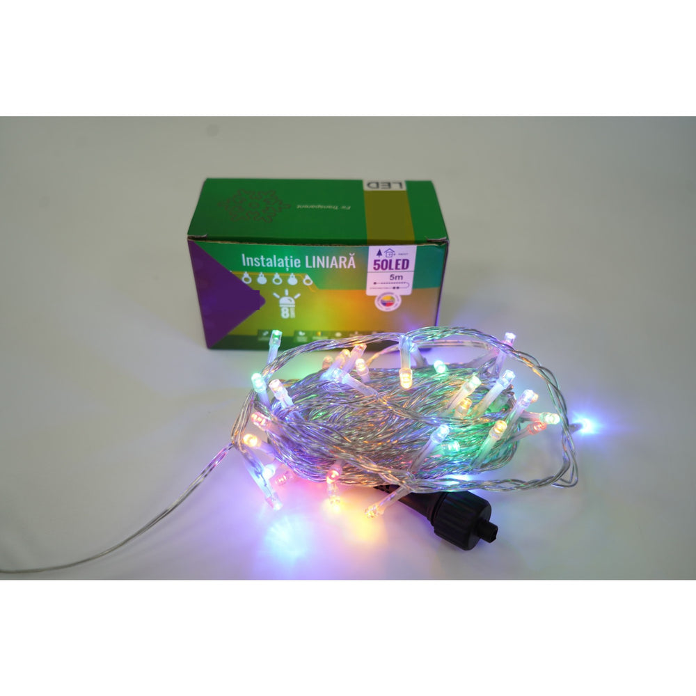 Instalatie Craciun, 30 m, 300 Led-uri, Liniara, Multicolor, 8 jocuri de lumini, Transformator cu telecomanda, Interconectabila, Prelungitor 3 m inclus, Fir Transparent