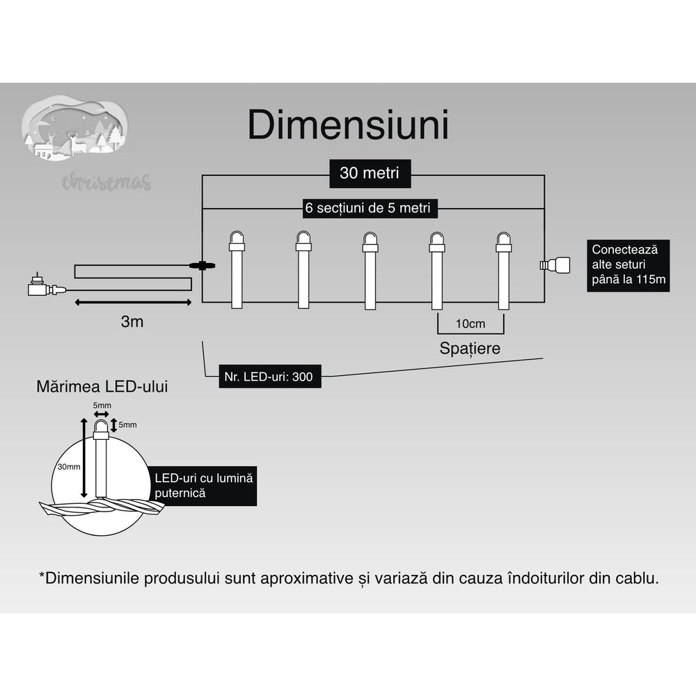 Instalatie Craciun, 30 m, 300 Led-uri, Liniara, Multicolor, 8 jocuri de lumini, Transformator cu telecomanda, Interconectabila, Prelungitor 3 m inclus, Fir Verde