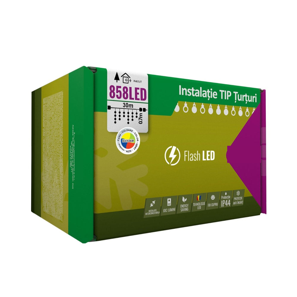 Instalatie Craciun, 30 m, 858 Led-uri, Franjuri, Multicolor, Flash, Transformator cu telecomanda
