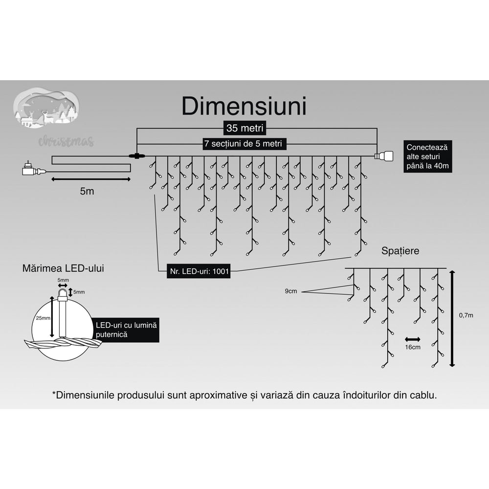 Instalatie Craciun, 35 m, 1001 Led-uri, Franjuri, Multicolor, Flash, Transformator cu telecomanda