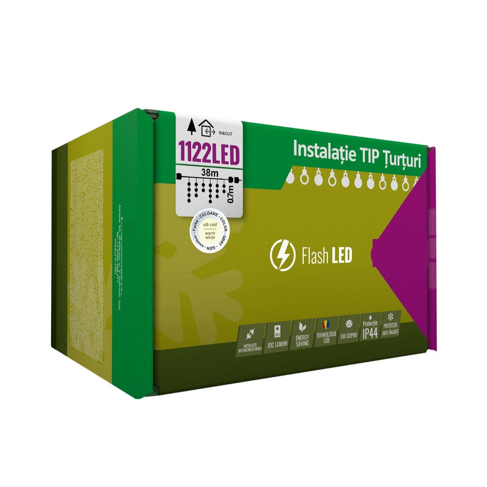 Instalatie Craciun, 38 m, 1122 Led-uri, Franjuri, Alb cald, Flash, Transformator, Interconectabila