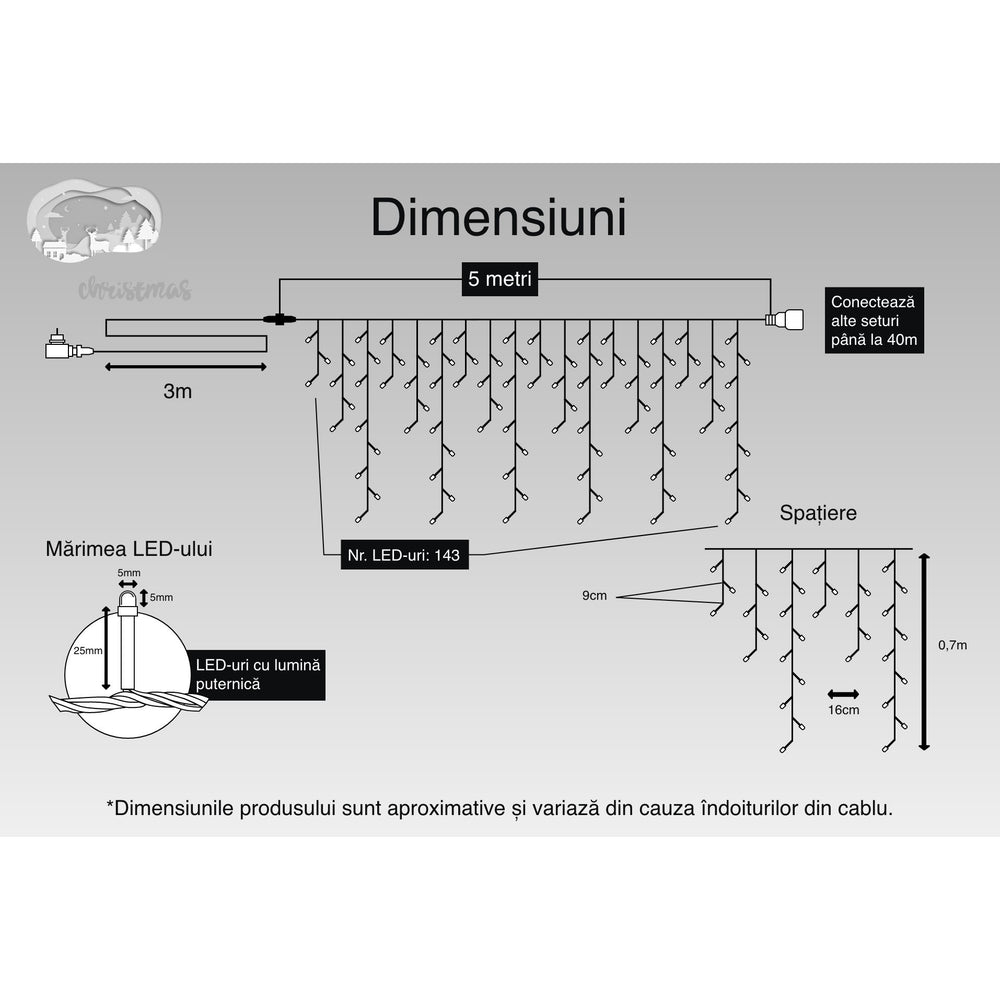 Instalatie Craciun, 5 m, 143 Led-uri, Franjuri, Albastru, Flash, Transformator, Interconectabila