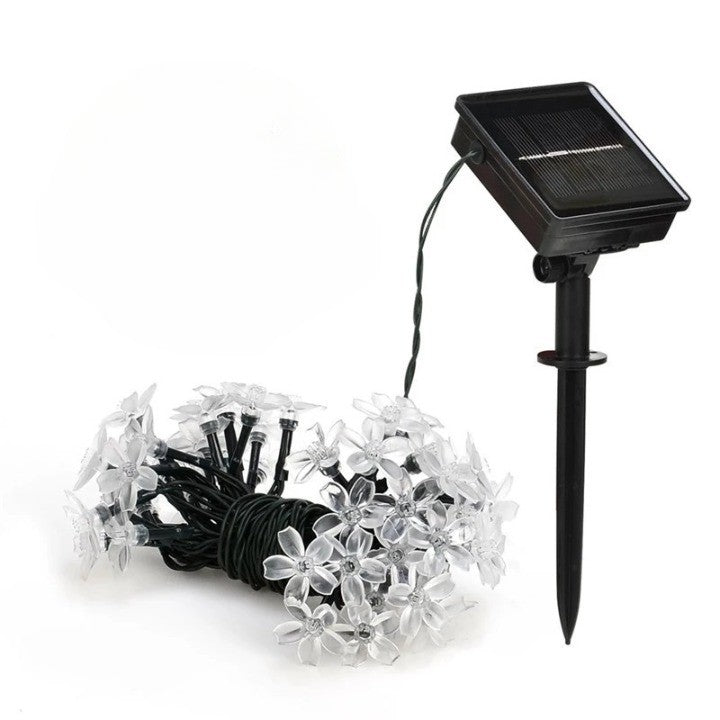 Instalatie Craciun, 5 metri, 20 Becuri LED tip Flori de cires, pentru exterior cu incarcare solara, Alb cald
