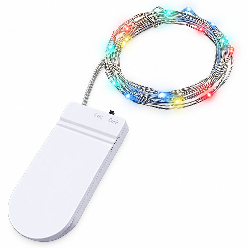 Instalatie Craciun, 5 metri, 50 LED-uri, Multicolor, cu baterii CR 2032 incluse, fir cupru, liniar, interior/exterior