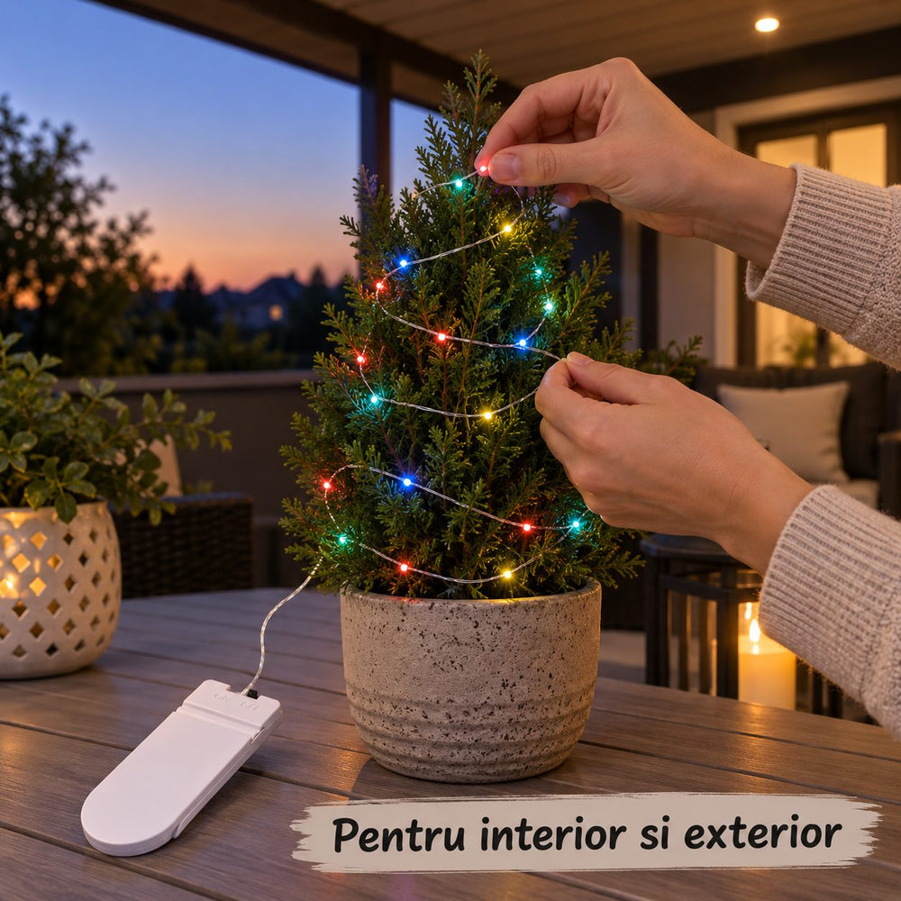 Instalatie Craciun, 5 metri, 50 LED-uri, Multicolor, cu baterii CR 2032 incluse, fir cupru, liniar, interior/exterior