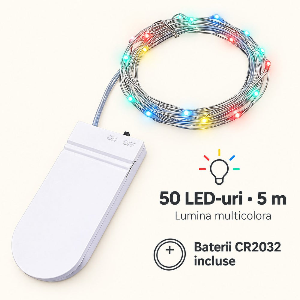 Instalatie Craciun, 5 metri, 50 LED-uri, Multicolor, cu baterii CR 2032 incluse, fir cupru, liniar, interior/exterior