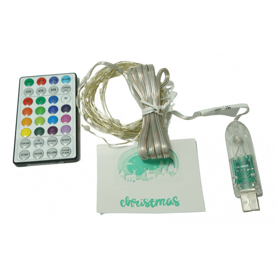 Instalatie Craciun, 5 metri, 50 LED-uri, telecomanda 32 de functii, multicolor RBG, fir cupru, USB, interior