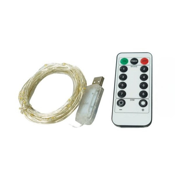 Instalatie Craciun, 5 metri, 50 LED-uri, USB, Telecomanda cu 8 functii, alb cald