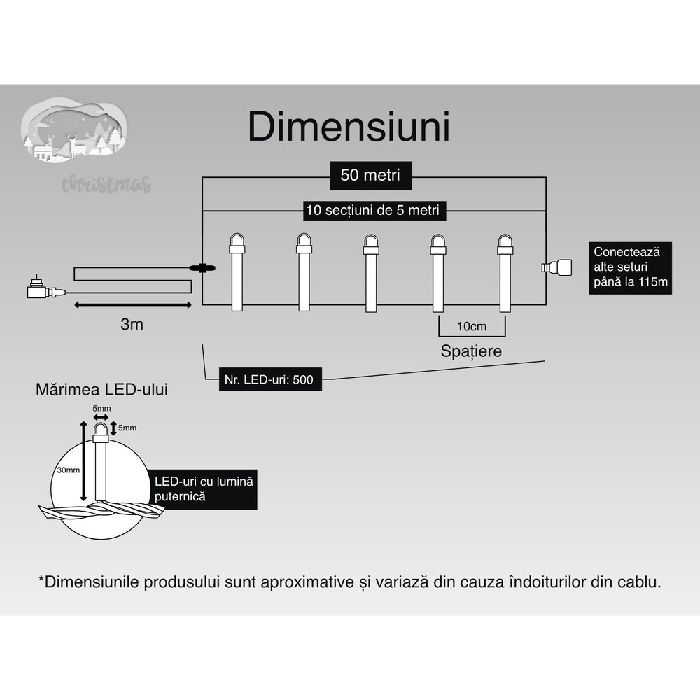 Instalatie Craciun, 50 m, 500 Led-uri, Liniara, Rosu/Albastru/Rosu/Verde, Flash, Transformator, Interconectabila, Prelungitor 3 m inclus, Fir Verde