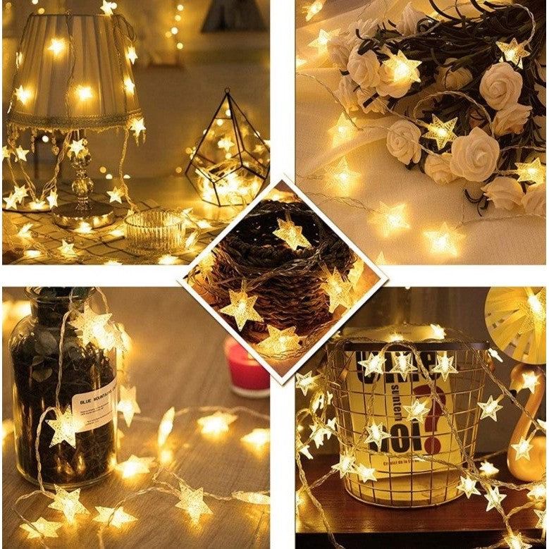 Instalatie Craciun, 6 metri, 40 LED-uri cu Ornament tip Stea, Alb Cald, USB lung, fir cupru, liniar, interior/exterior