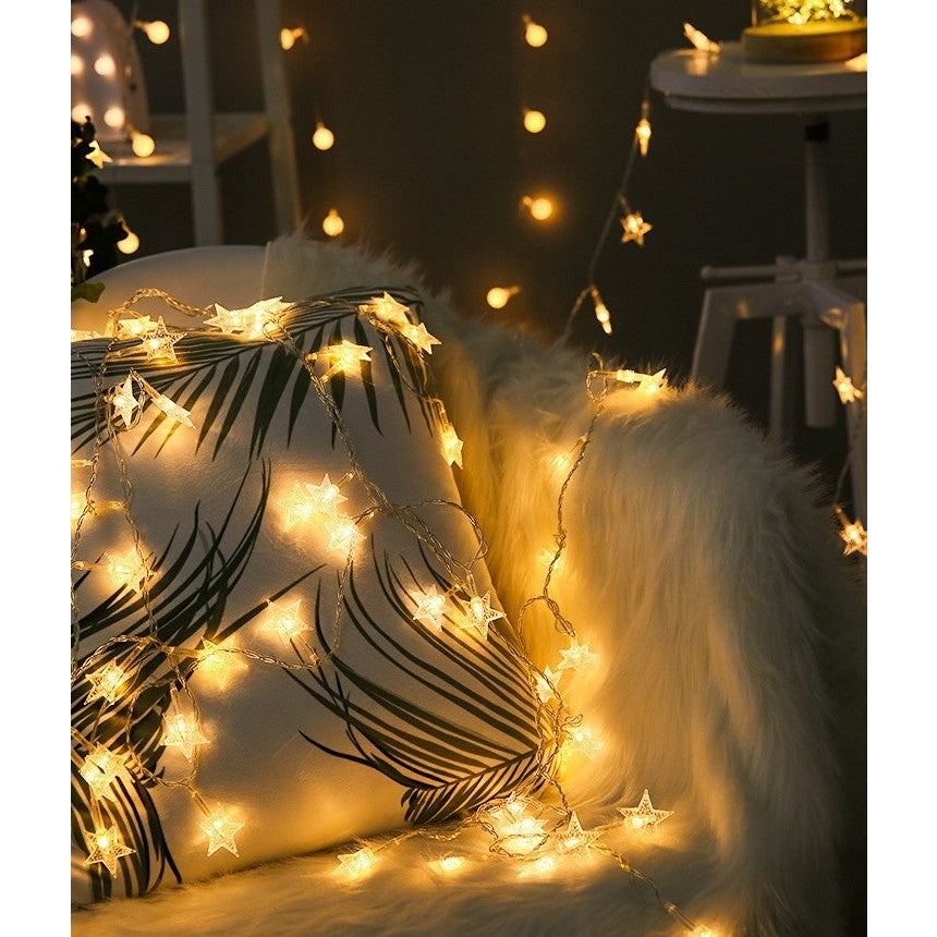 Instalatie Craciun, 6 metri, 40 LED-uri cu Ornament tip Stea, Alb Cald, USB lung, fir cupru, liniar, interior/exterior