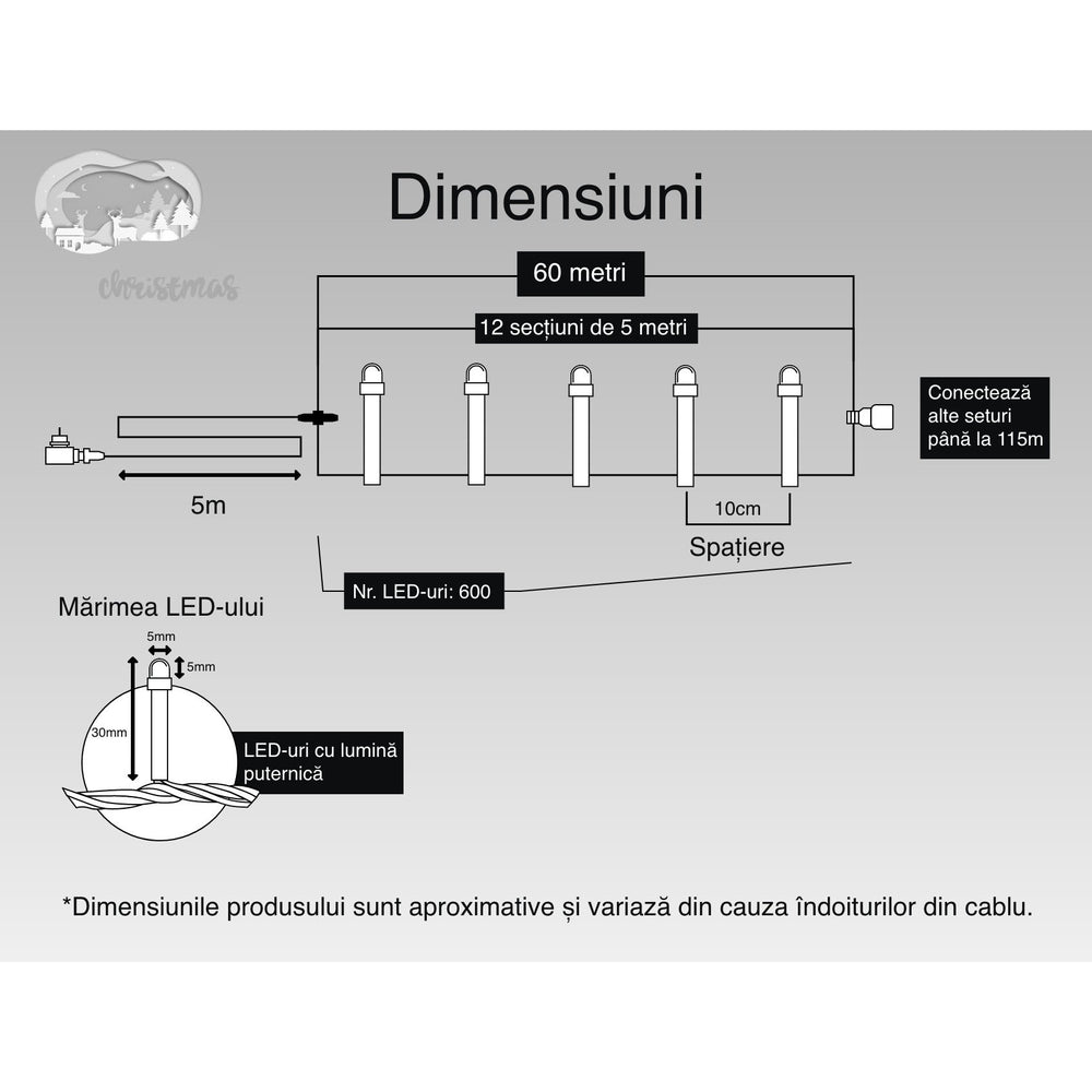 Instalatie Craciun, 60 m, 600 Led-uri, Liniara, Rosu/Albastru/Rosu/Verde, Flash, Transformator cu telecomanda, Interconectabila, Prelungitor 5 m inclus, Fir Verde