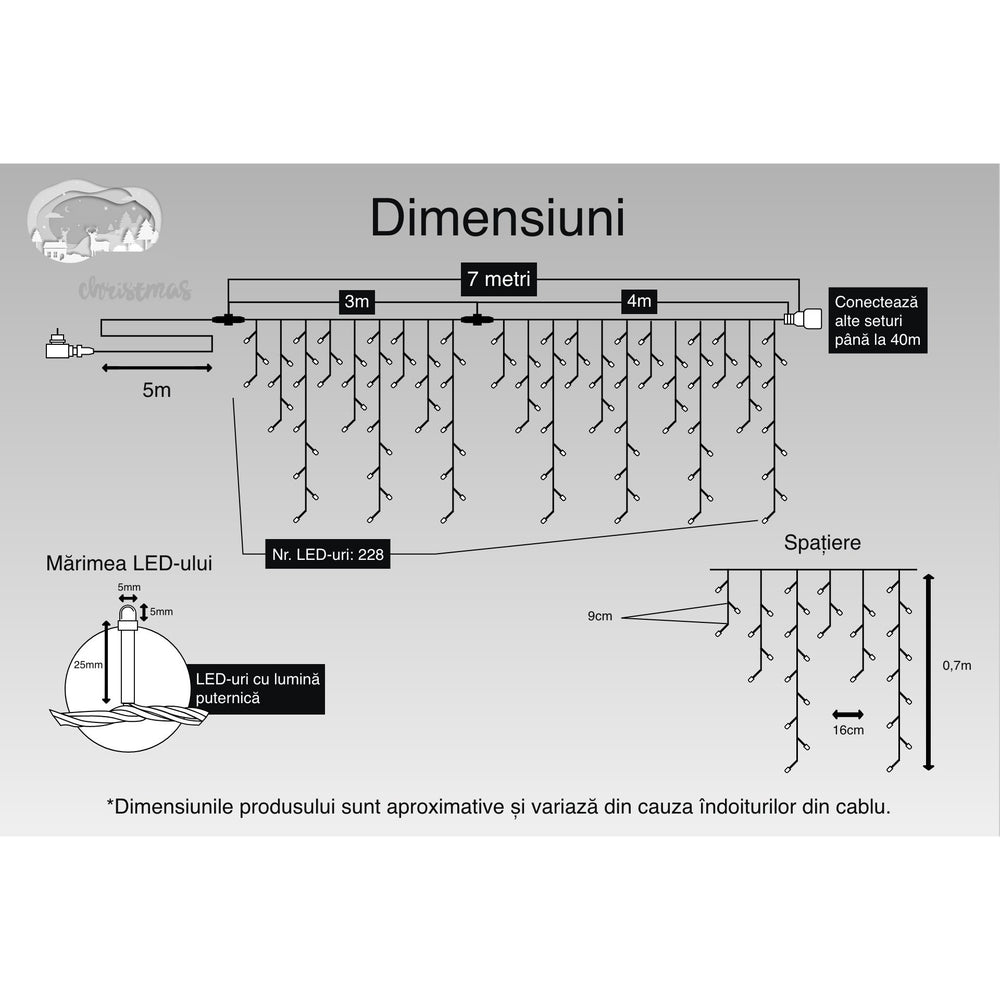 Instalatie Craciun, 7 m, 228 Led-uri, Franjuri, Alb cald, Flash, Transformator, Interconectabila