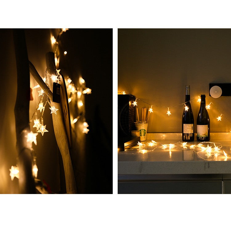 Instalatie Craciun cu baterii, 1.5 metri, 10 LED-uri tip Stea, fir Transparent, Alb Cald
