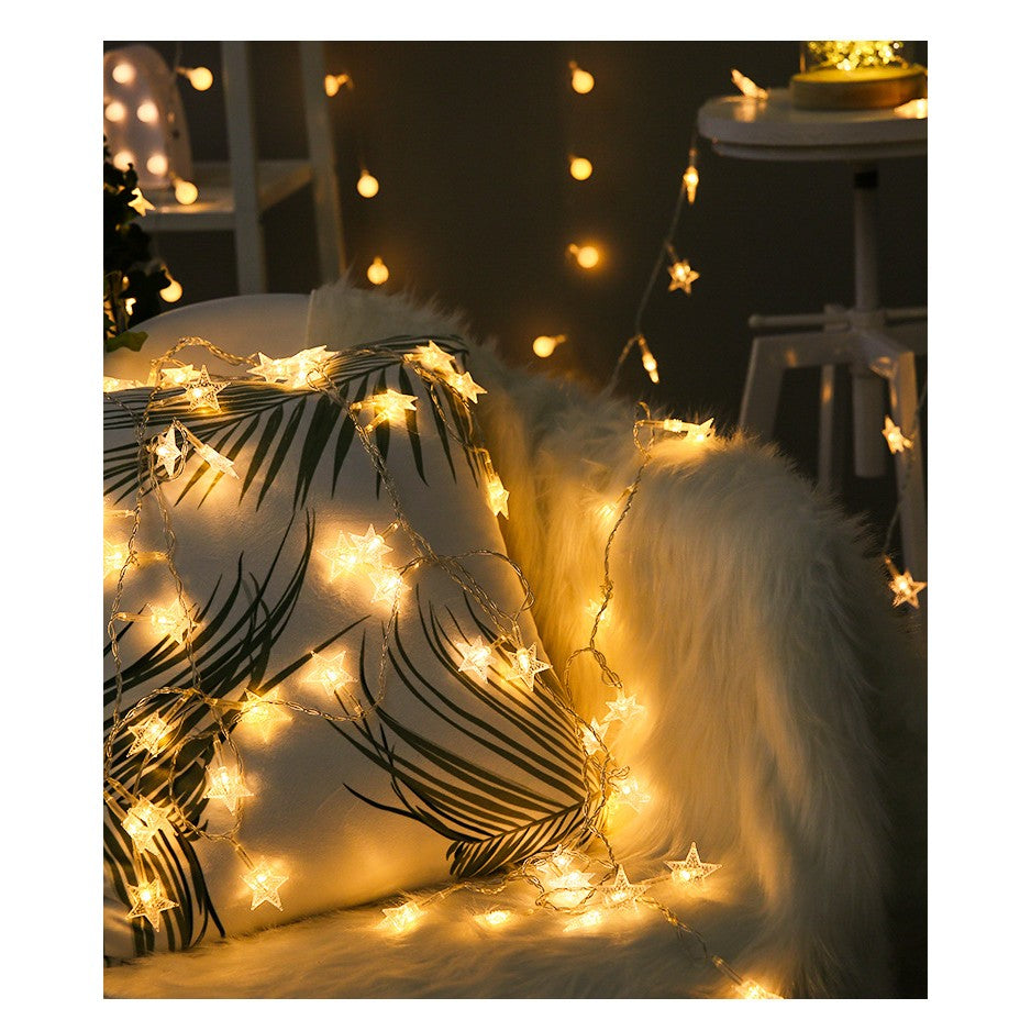 Instalatie Craciun cu baterii, 1.5 metri, 10 LED-uri tip Stea, fir Transparent, Alb Cald