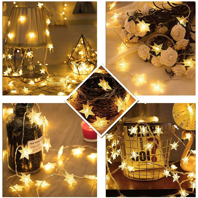 Instalatie Craciun cu baterii, 10 metri, 80 LED-uri tip Stea, fir Transparent, Alb Cald