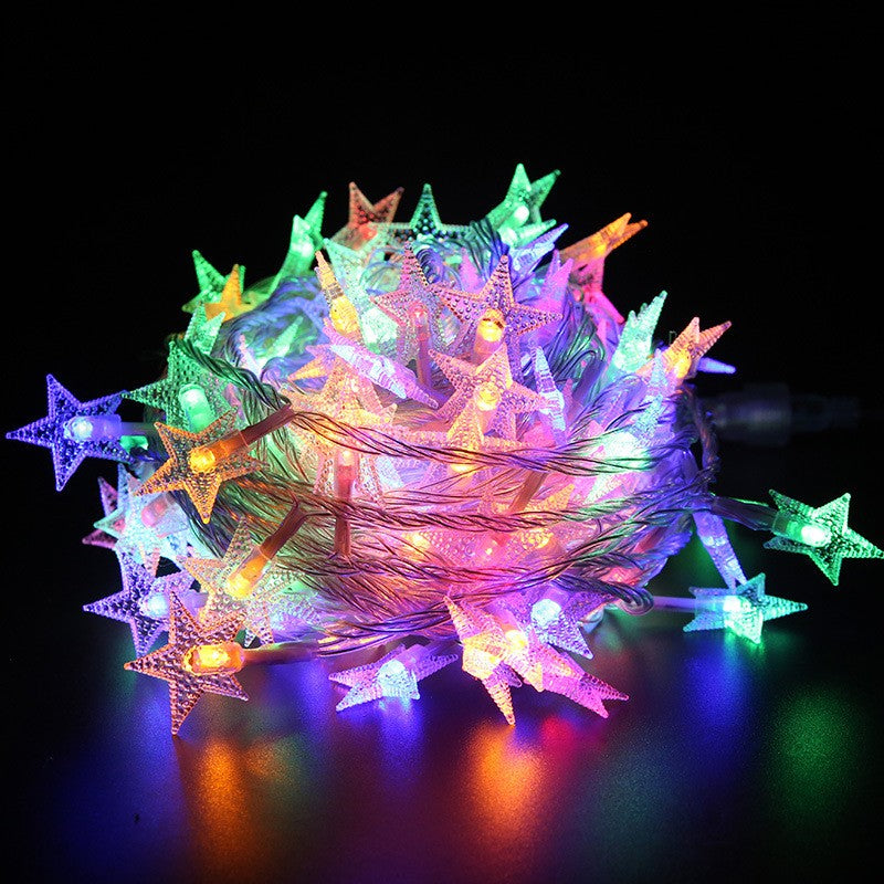 Instalatie Craciun cu baterii, 10 metri, 80 LED-uri tip Stea, fir Transparent, Multicolor