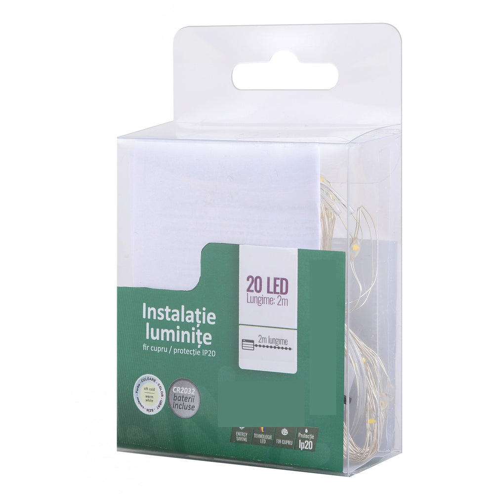 Instalatie Craciun, Liniara, 2 m, Baterii, 20 LED-uri, Alb Cald, Fir Cupru, Interior/Exterior