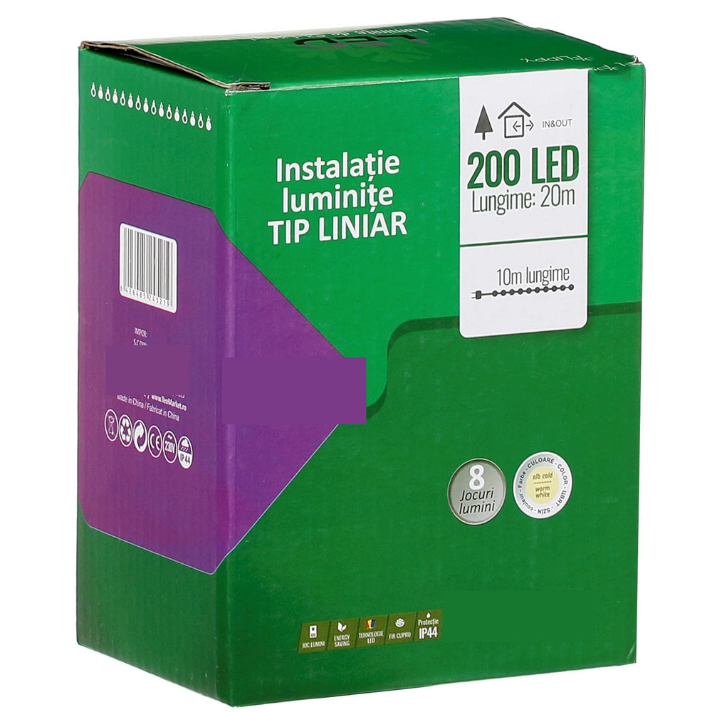 Instalatie Craciun liniara, cu transformator, 20 m, Alb Cald, 200 LED-uri V5, 8 jocuri de lumini, fir verde