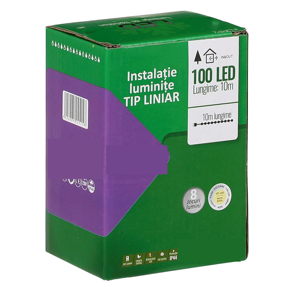 Instalatie Craciun liniara, cu transformator 31V, 10m, alb cald, 100 LED-uri V5, 8 jocuri de lumini, Fir verde