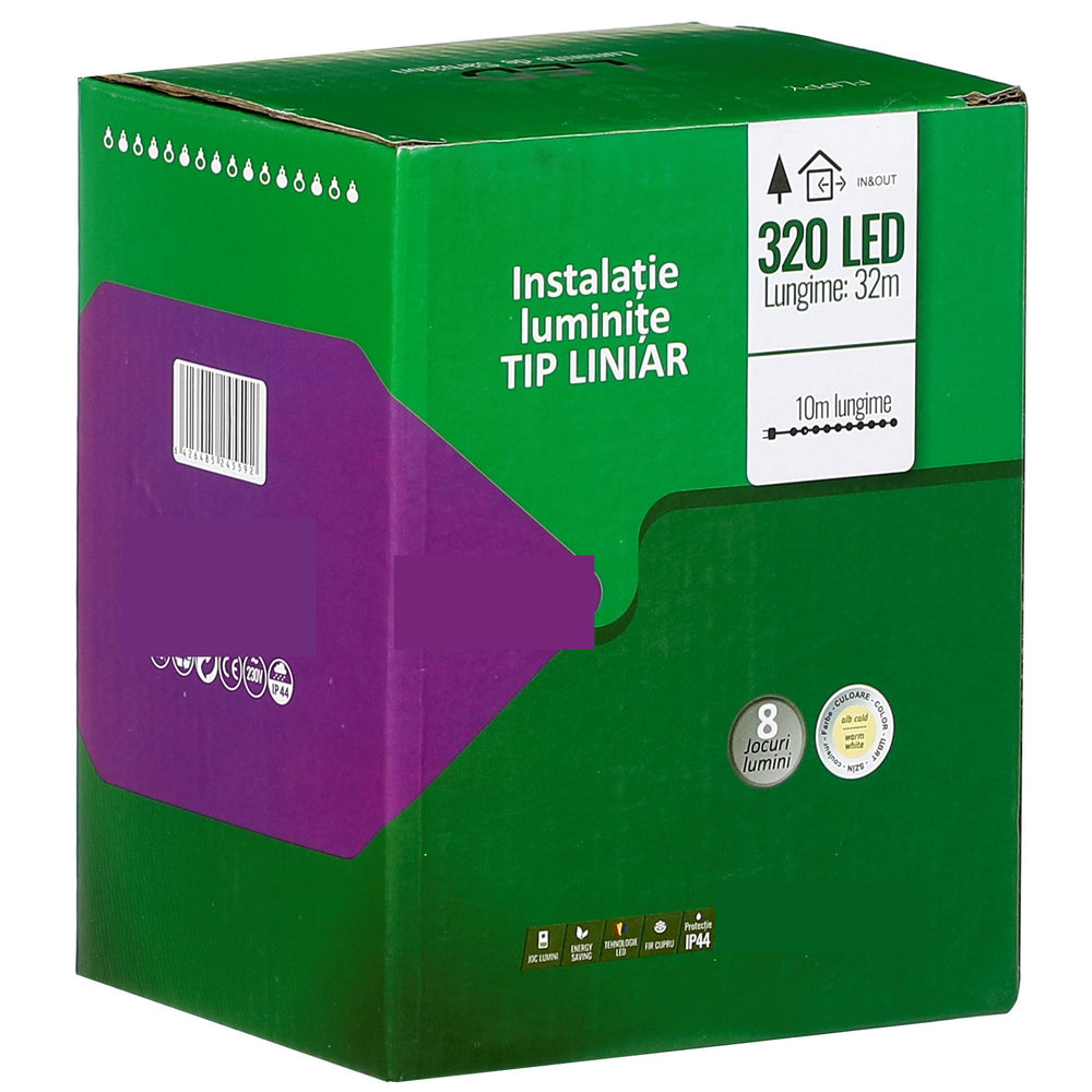 Instalatie Craciun liniara, cu transformator 31V, 32 m, Alb Rece, 320 LED-uri V5, 8 jocuri de lumini, fir verde