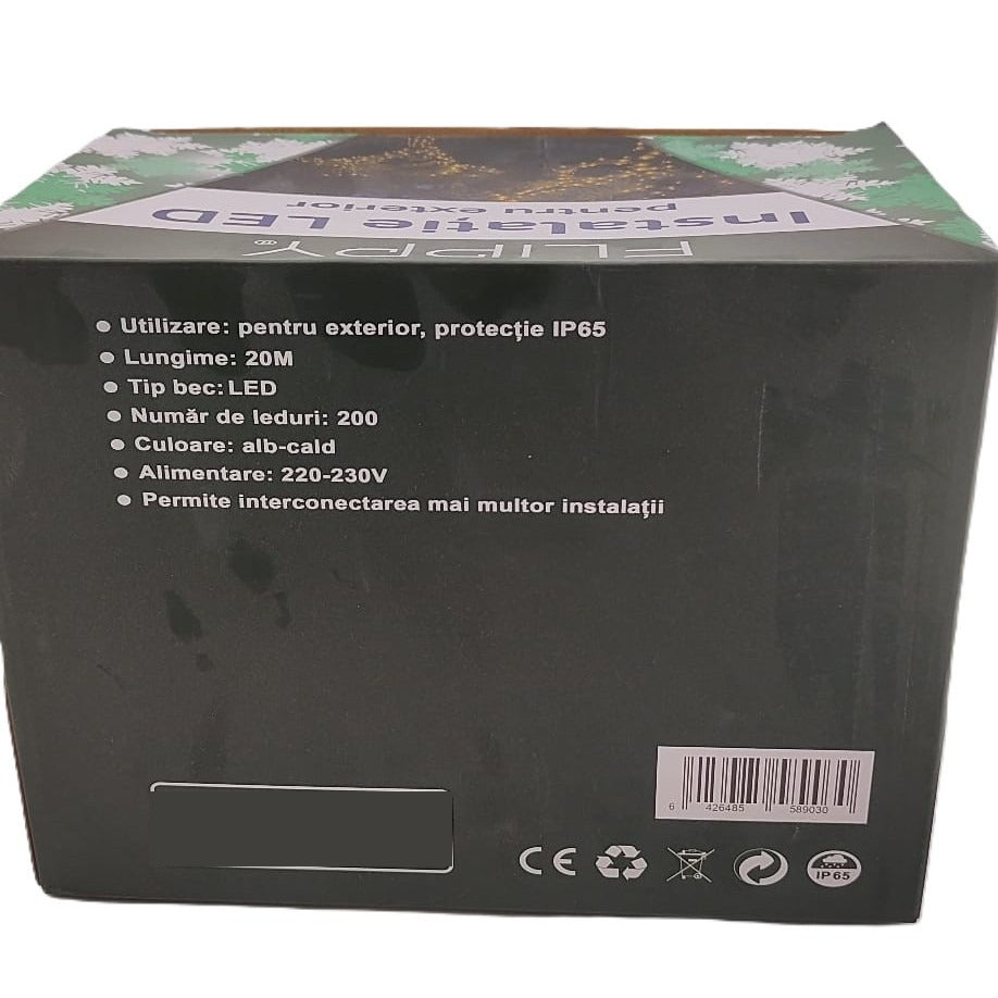 Instalatie Craciun Liniara, de Exterior, IP65, cu Alimentator 1.5 m inclus, 20 metri, 200 LED, Alb Cald
