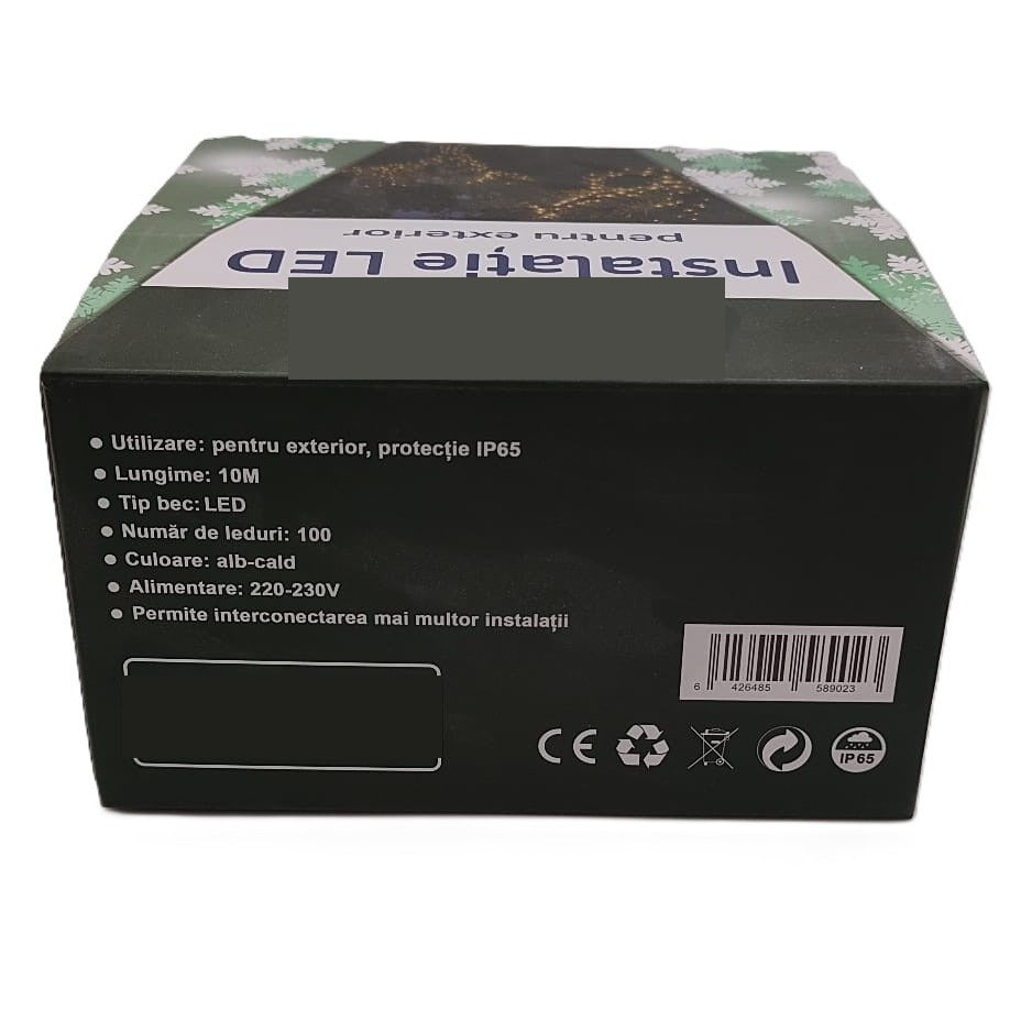 Instalatie Craciun Liniara, de Exterior, IP65, cu Alimentator 1.5 m inclus, 10 metri, 100 LED, Alb Cald