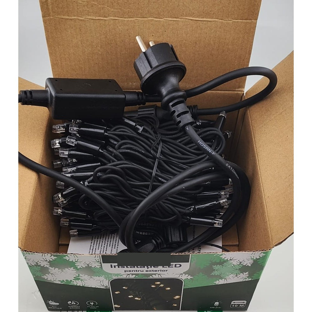Instalatie Craciun Liniara, de Exterior, IP65, cu Alimentator 1.5 m inclus, 10 metri, 100 LED, Alb Cald