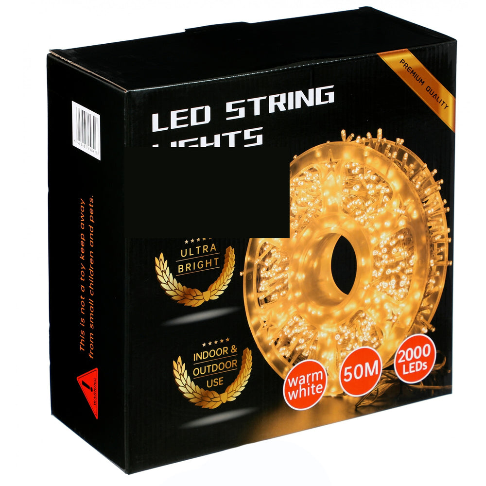 Instalatie Craciun liniara, fir transparent, cu transformator, 50m, alb cald, 2000 LED-uri, 8 jocuri de lumini