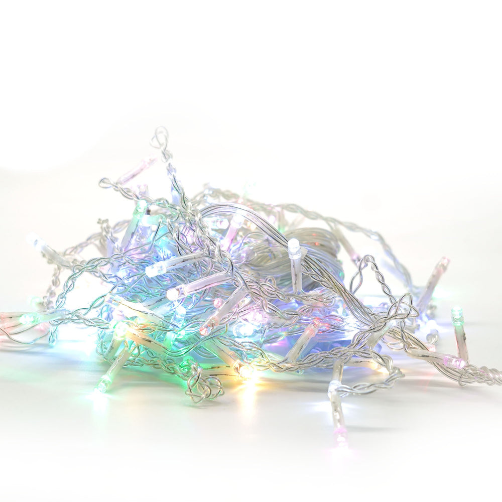 Instalatie Craciun, Tip Franjuri/Turturi, 4 m, 120 LED-uri, Prelungitor 1.5 m, 8 Jocuri de Lumini, Interconectabila, Conectare la Retea, Fir transparent, Interior/Exterior, Multicolor