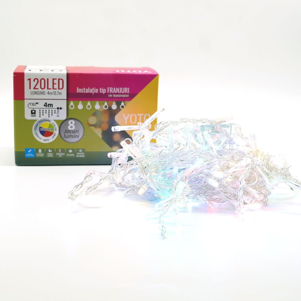 Instalatie Craciun, Tip Franjuri/Turturi, 4 m, 120 LED-uri, Prelungitor 1.5 m, 8 Jocuri de Lumini, Interconectabila, Conectare la Retea, Fir transparent, Interior/Exterior, Multicolor