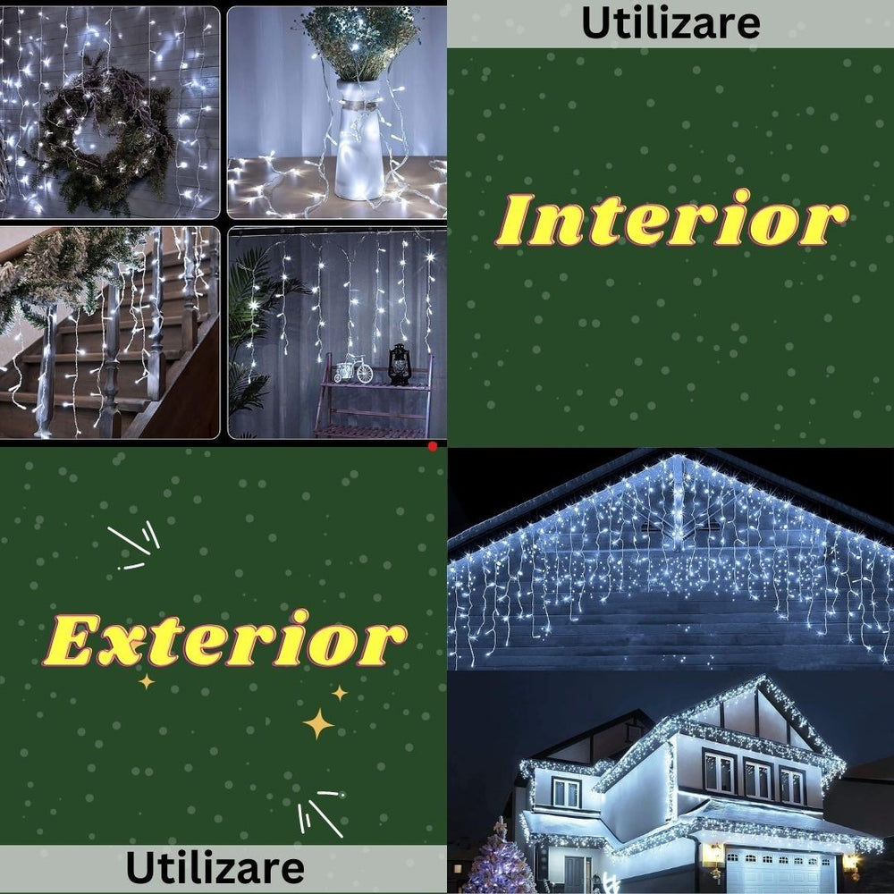 Instalatie Craciun, Tip Franjuri/Turturi, 4 m, 120 LED-uri, Prelungitor 1.5 m, 8 Jocuri de Lumini, Interconectabila, Conectare la Retea, Fir transparent, Interior/Exterior, Alb Rece