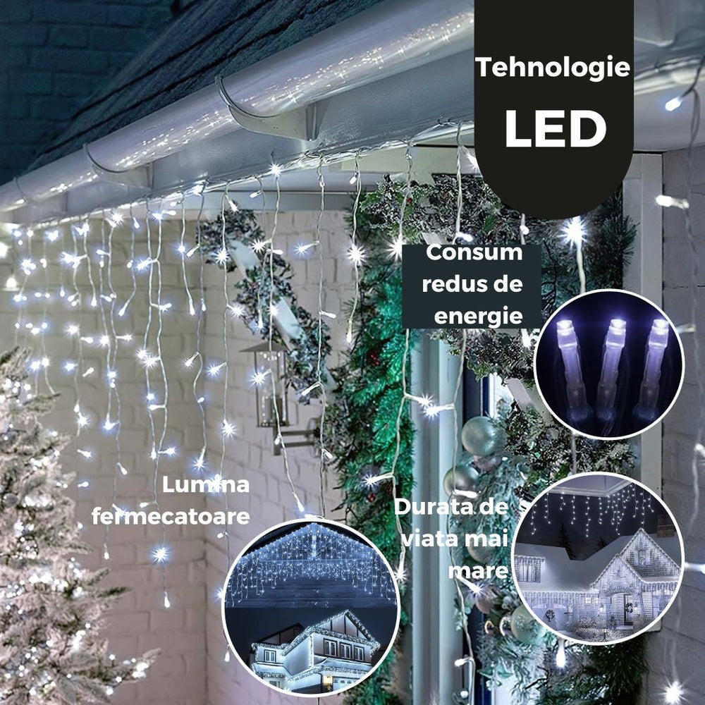 Instalatie Craciun, Tip Franjuri/Turturi, 4 m, 120 LED-uri, Prelungitor 1.5 m, 8 Jocuri de Lumini, Interconectabila, Conectare la Retea, Fir transparent, Interior/Exterior, Alb Rece