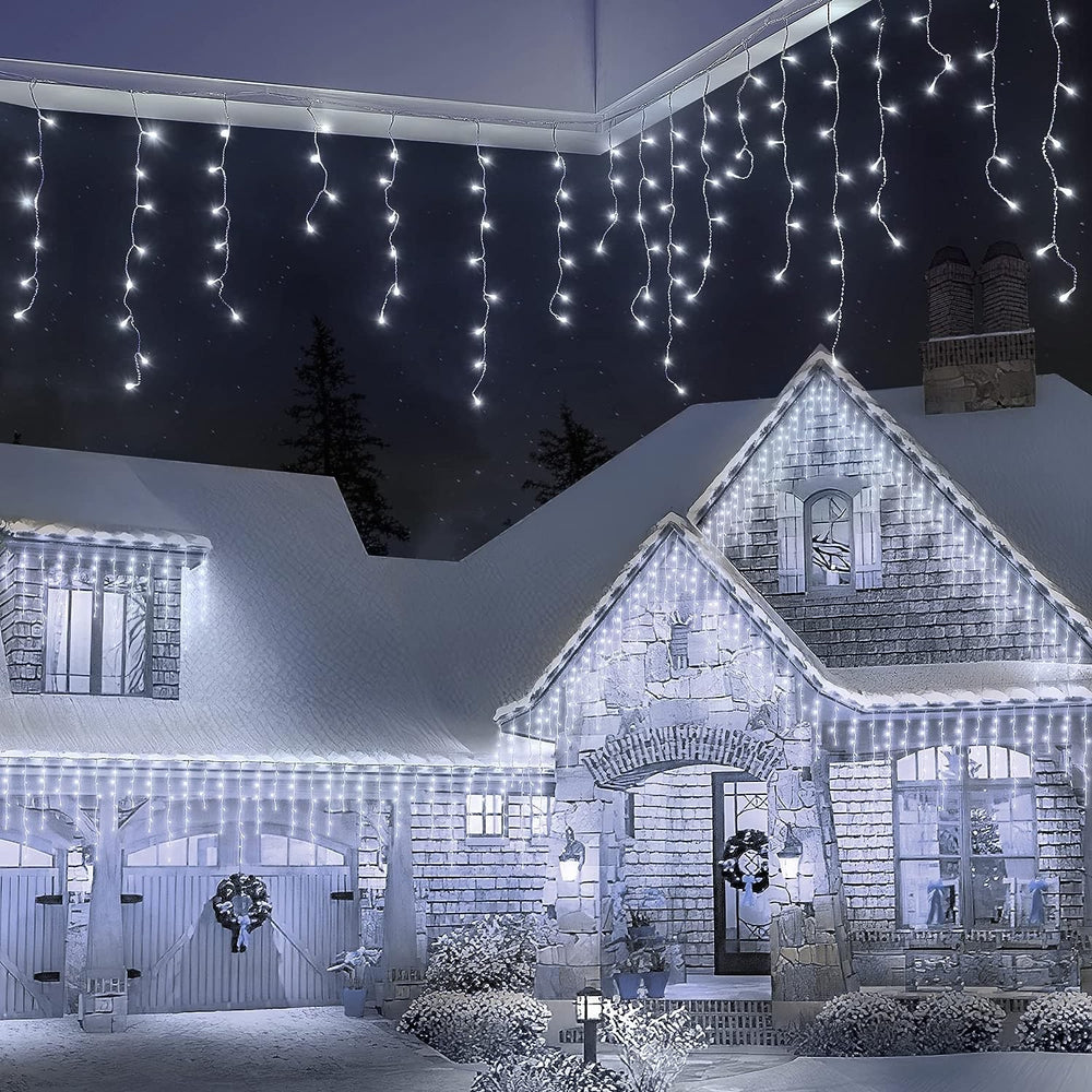 Instalatie Craciun, Tip Franjuri/Turturi, 4 m, 120 LED-uri, Prelungitor 1.5 m, 8 Jocuri de Lumini, Interconectabila, Conectare la Retea, Fir transparent, Interior/Exterior, Alb Rece