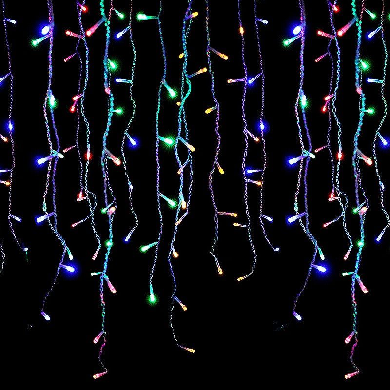 Instalatie Craciun, Tip Franjuri/Turturi, 4 m, 120 LED-uri, Prelungitor 1.5 m, 8 Jocuri de Lumini, Interconectabila, Conectare la Retea, Fir transparent, Interior/Exterior, Multicolor