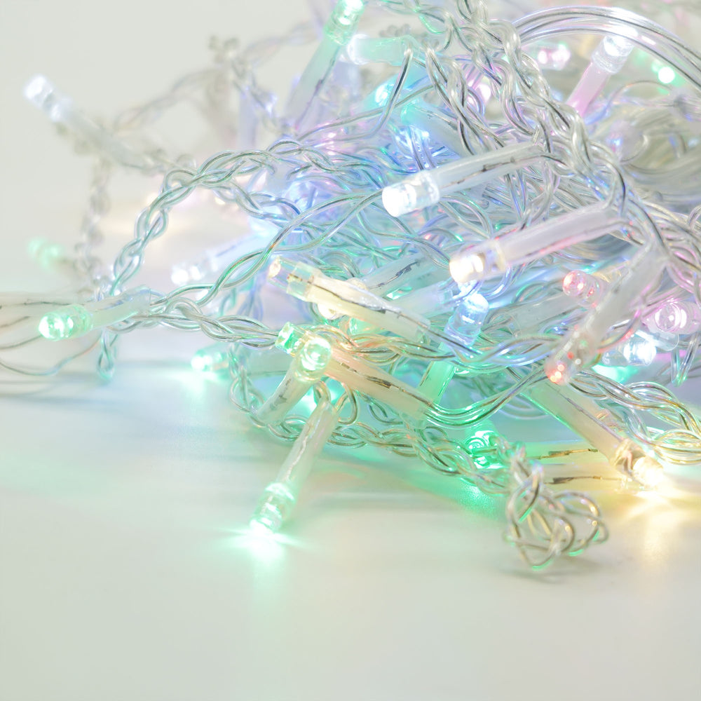 Instalatie Craciun, Tip Franjuri/Turturi, 4 m, 120 LED-uri, Prelungitor 1.5 m, 8 Jocuri de Lumini, Interconectabila, Conectare la Retea, Fir transparent, Interior/Exterior, Multicolor