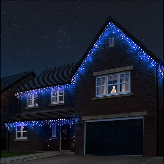 Instalatie Craciun, Tip Franjuri/Turturi, 7 m, 200 LED-uri, Prelungitor 1.5 m, 8 Jocuri de Lumini, Interconectabila, Conectare la Retea, Fir transparent, Interior/Exterior, Albastru