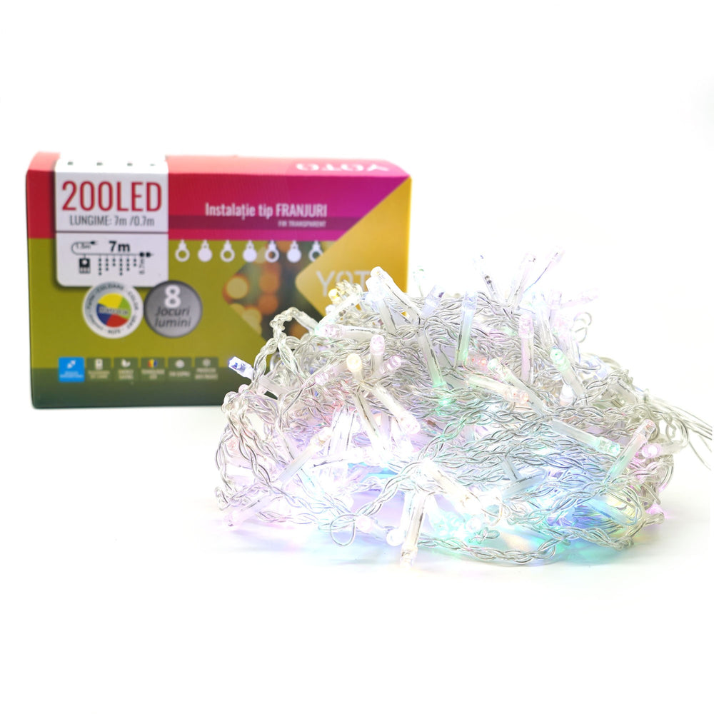 Instalatie Craciun, Tip Franjuri/Turturi, 7 m, 200 LED-uri, Prelungitor 1.5 m, 8 Jocuri de Lumini, Interconectabila, Conectare la Retea, Fir transparent, Interior/Exterior, Multicolor