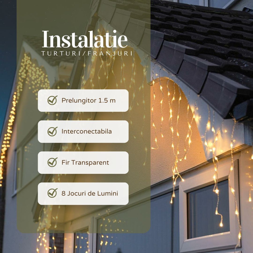 Instalatie Craciun, Tip Franjuri/Turturi, 7 m, 200 LED-uri, Prelungitor 1.5 m, 8 Jocuri de Lumini, Interconectabila, Conectare la Retea, Fir transparent, Interior/Exterior, Alb Cald