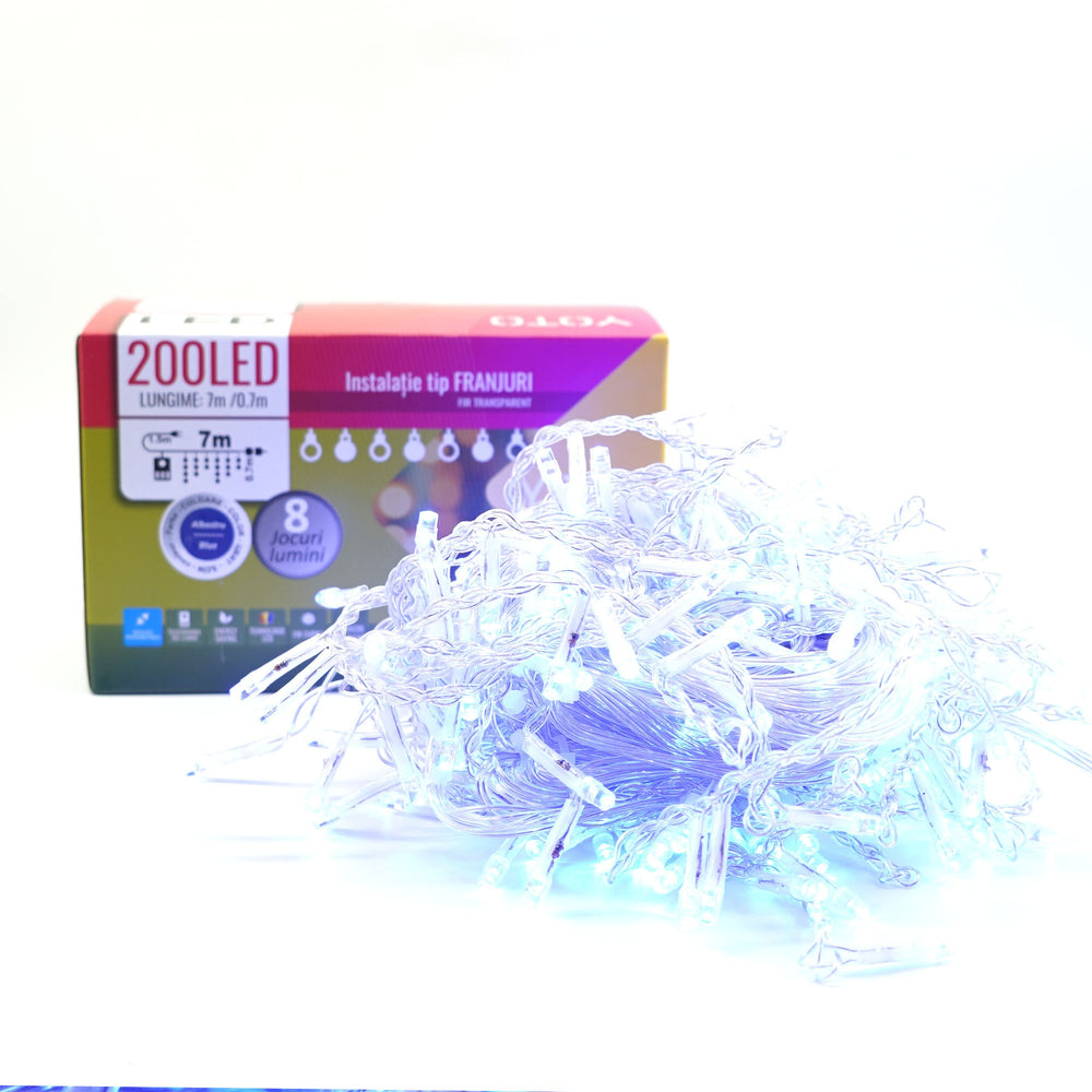 Instalatie Craciun, Tip Franjuri/Turturi, 7 m, 200 LED-uri, Prelungitor 1.5 m, 8 Jocuri de Lumini, Interconectabila, Conectare la Retea, Fir transparent, Interior/Exterior, Albastru