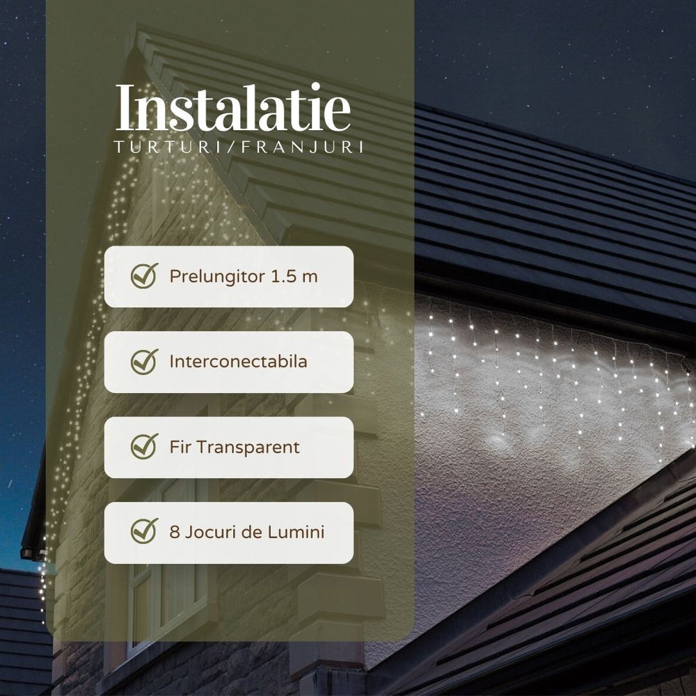 Instalatie Craciun, Tip Franjuri/Turturi, 7 m, 200 LED-uri, Prelungitor 1.5 m, 8 Jocuri de Lumini, Interconectabila, Conectare la Retea, Fir transparent, Interior/Exterior, Alb Rece