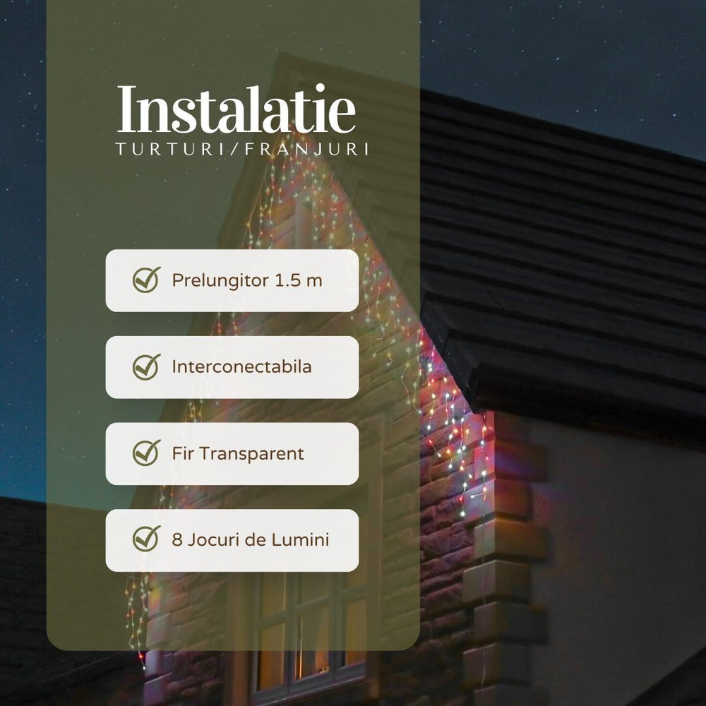 Instalatie Craciun, Tip Franjuri/Turturi, 7 m, 200 LED-uri, Prelungitor 1.5 m, 8 Jocuri de Lumini, Interconectabila, Conectare la Retea, Fir transparent, Interior/Exterior, Multicolor