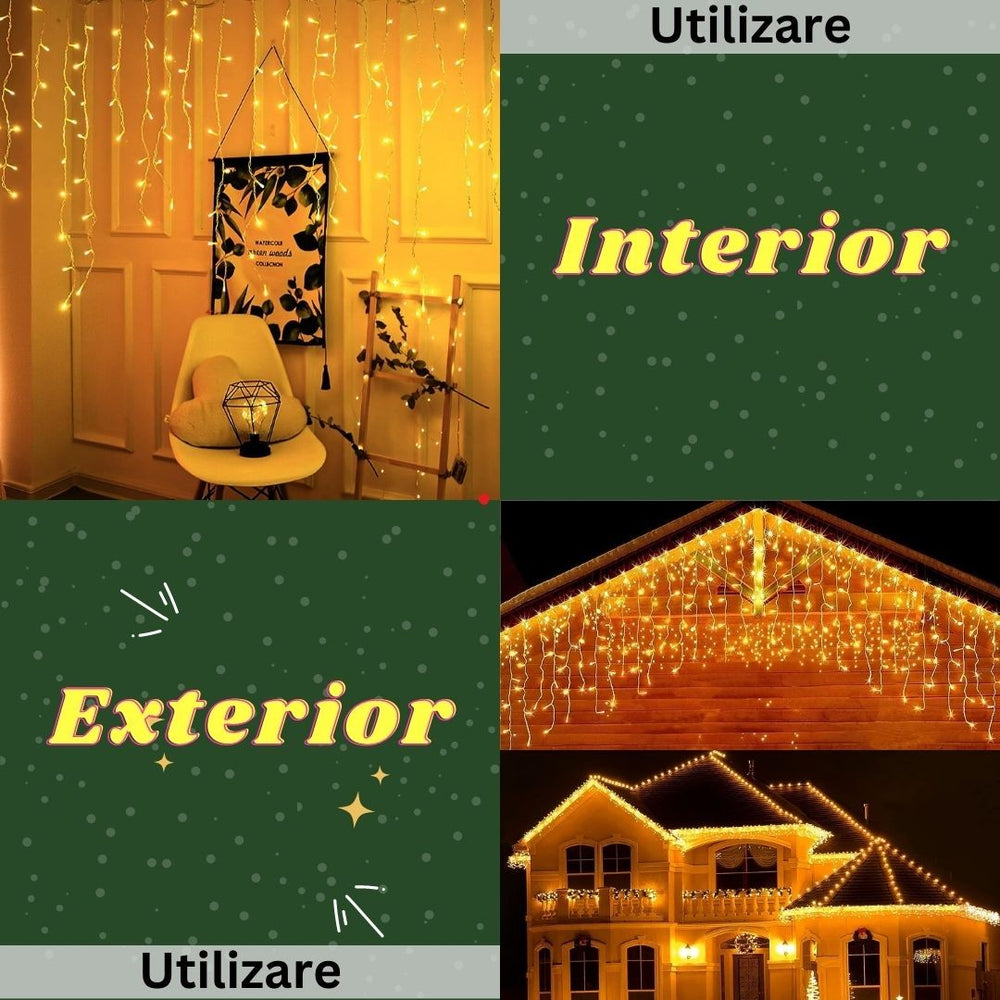 Instalatie Craciun, Tip Franjuri/Turturi, 7 m, 200 LED-uri, Prelungitor 1.5 m, 8 Jocuri de Lumini, Interconectabila, Conectare la Retea, Fir transparent, Interior/Exterior, Alb Cald