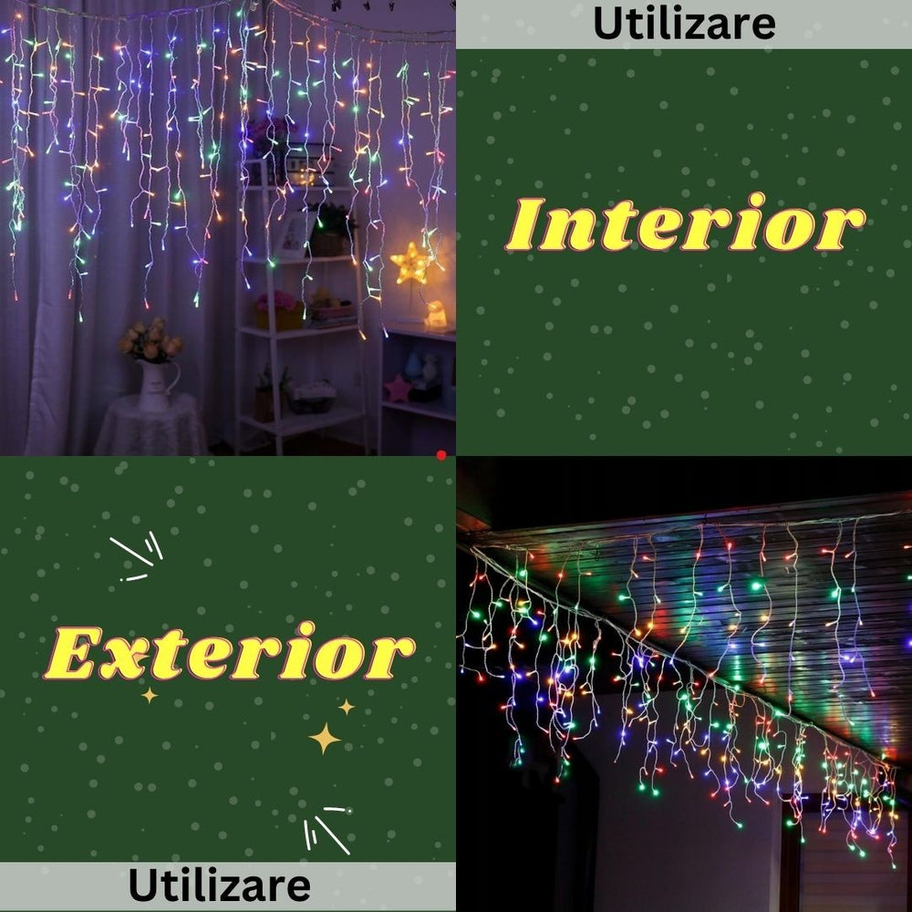 Instalatie Craciun, Tip Franjuri/Turturi, 7 m, 200 LED-uri, Prelungitor 1.5 m, 8 Jocuri de Lumini, Interconectabila, Conectare la Retea, Fir transparent, Interior/Exterior, Multicolor