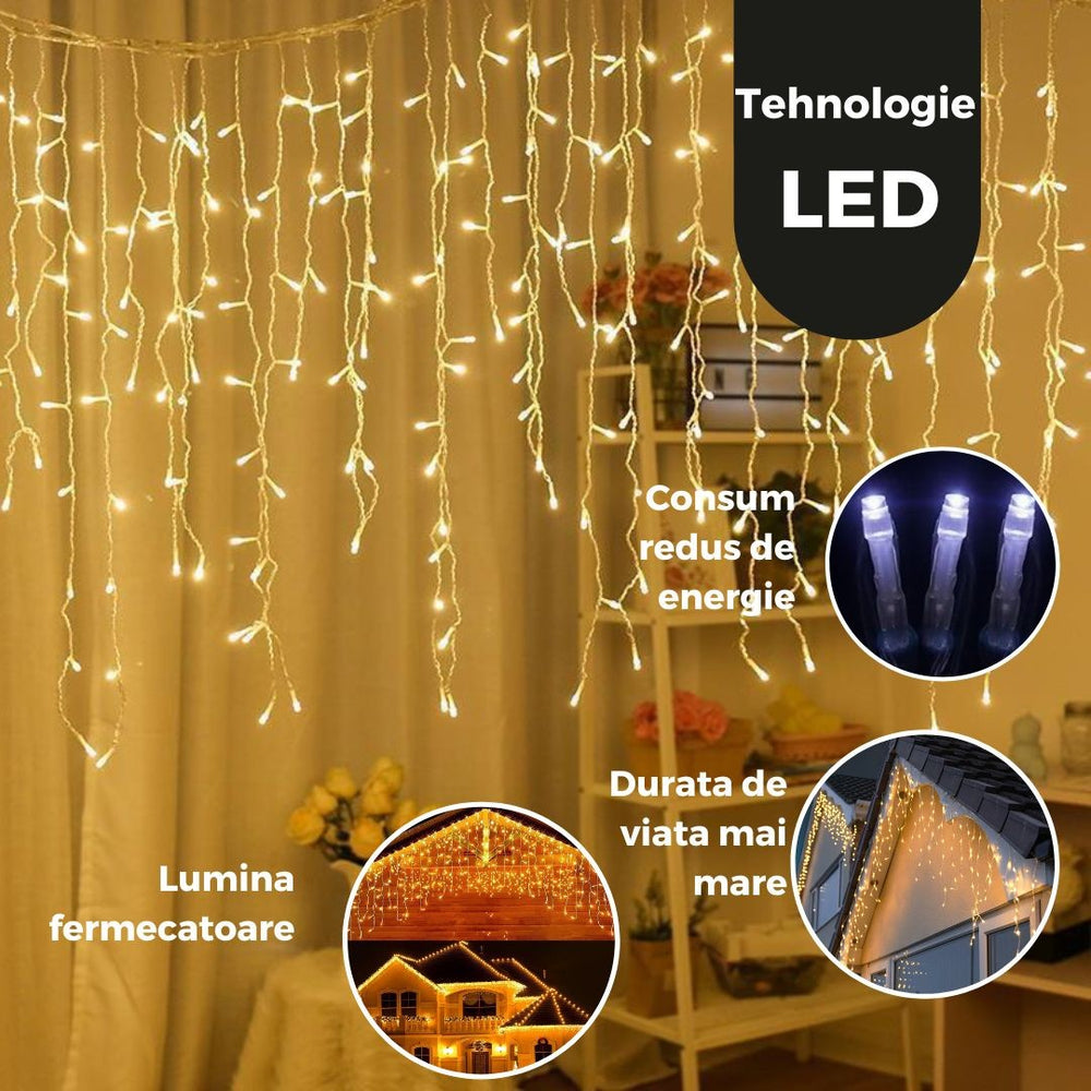 Instalatie Craciun, Tip Franjuri/Turturi, 7 m, 200 LED-uri, Prelungitor 1.5 m, 8 Jocuri de Lumini, Interconectabila, Conectare la Retea, Fir transparent, Interior/Exterior, Alb Cald