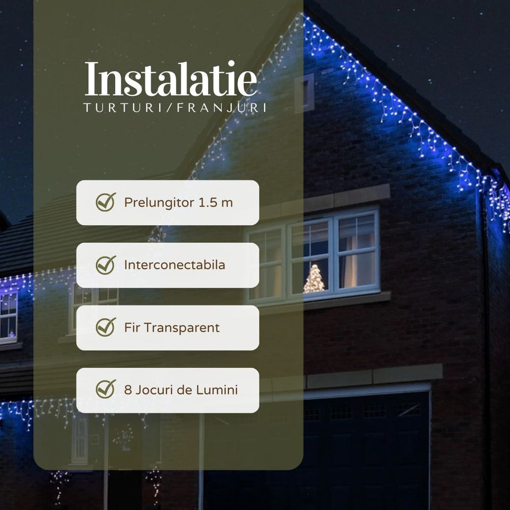 Instalatie Craciun, Tip Franjuri/Turturi, 7 m, 200 LED-uri, Prelungitor 1.5 m, 8 Jocuri de Lumini, Interconectabila, Conectare la Retea, Fir transparent, Interior/Exterior, Albastru
