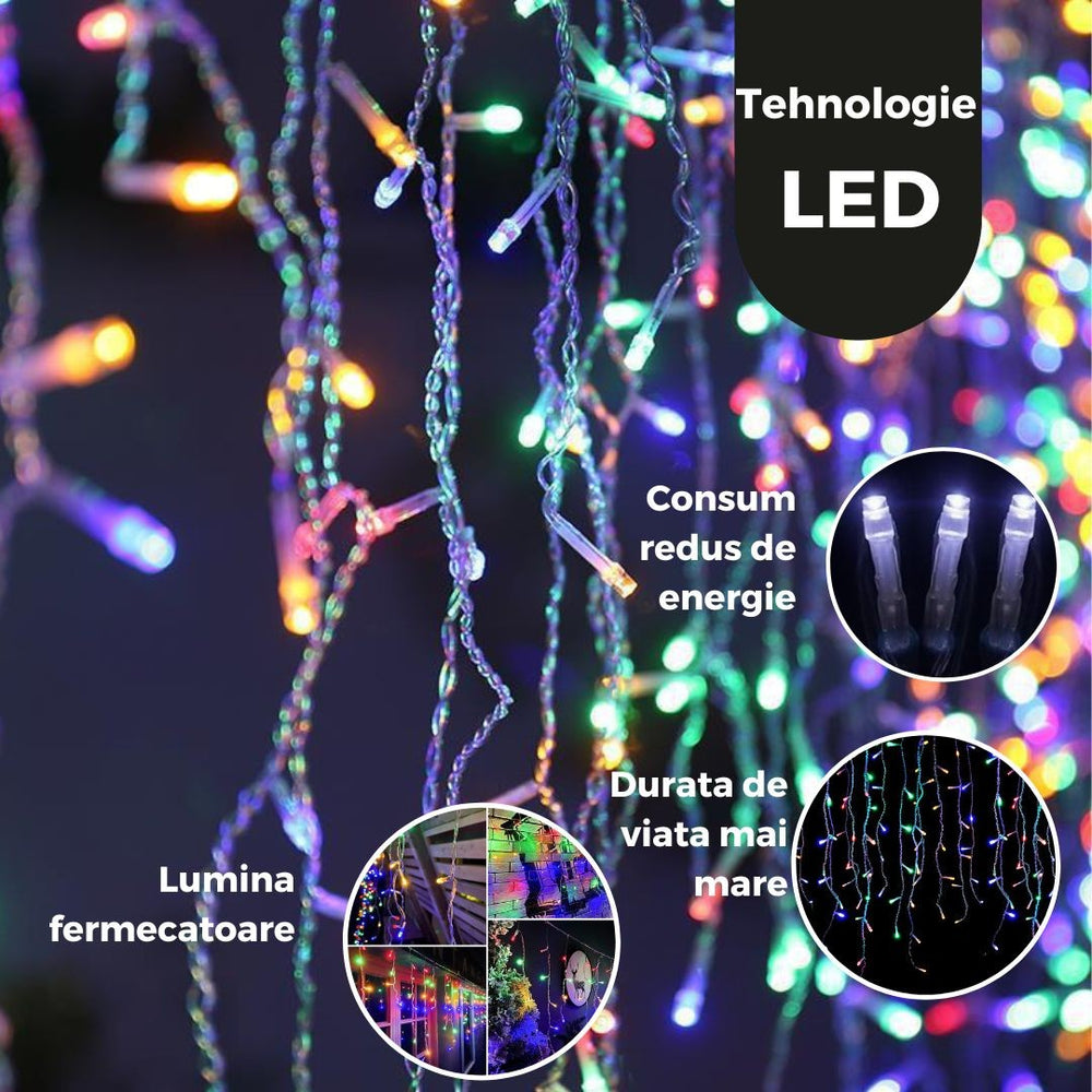 Instalatie Craciun, Tip Franjuri/Turturi, 7 m, 200 LED-uri, Prelungitor 1.5 m, 8 Jocuri de Lumini, Interconectabila, Conectare la Retea, Fir transparent, Interior/Exterior, Multicolor