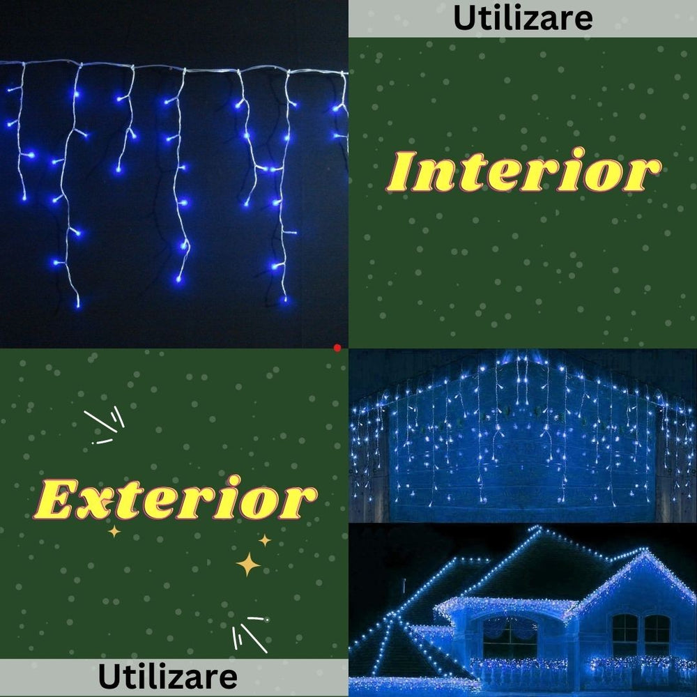 Instalatie Craciun, Tip Franjuri/Turturi, 7 m, 200 LED-uri, Prelungitor 1.5 m, 8 Jocuri de Lumini, Interconectabila, Conectare la Retea, Fir transparent, Interior/Exterior, Albastru