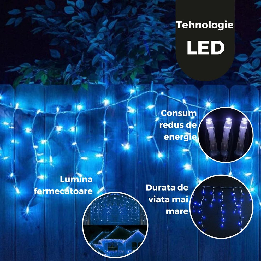 Instalatie Craciun, Tip Franjuri/Turturi, 7 m, 200 LED-uri, Prelungitor 1.5 m, 8 Jocuri de Lumini, Interconectabila, Conectare la Retea, Fir transparent, Interior/Exterior, Albastru